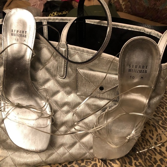 Stuart Weitzman size 10 metallic silver open toe ankle wrap heels - Picture 8 of 16